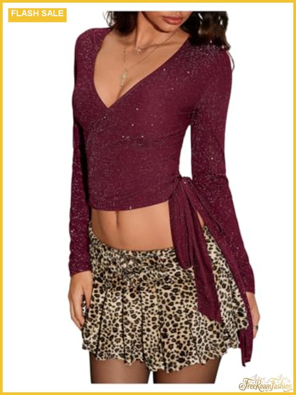 Glitter Cropped Wrap Shirt Top Long Sleeve V Neck Sparkly Going Out Tops